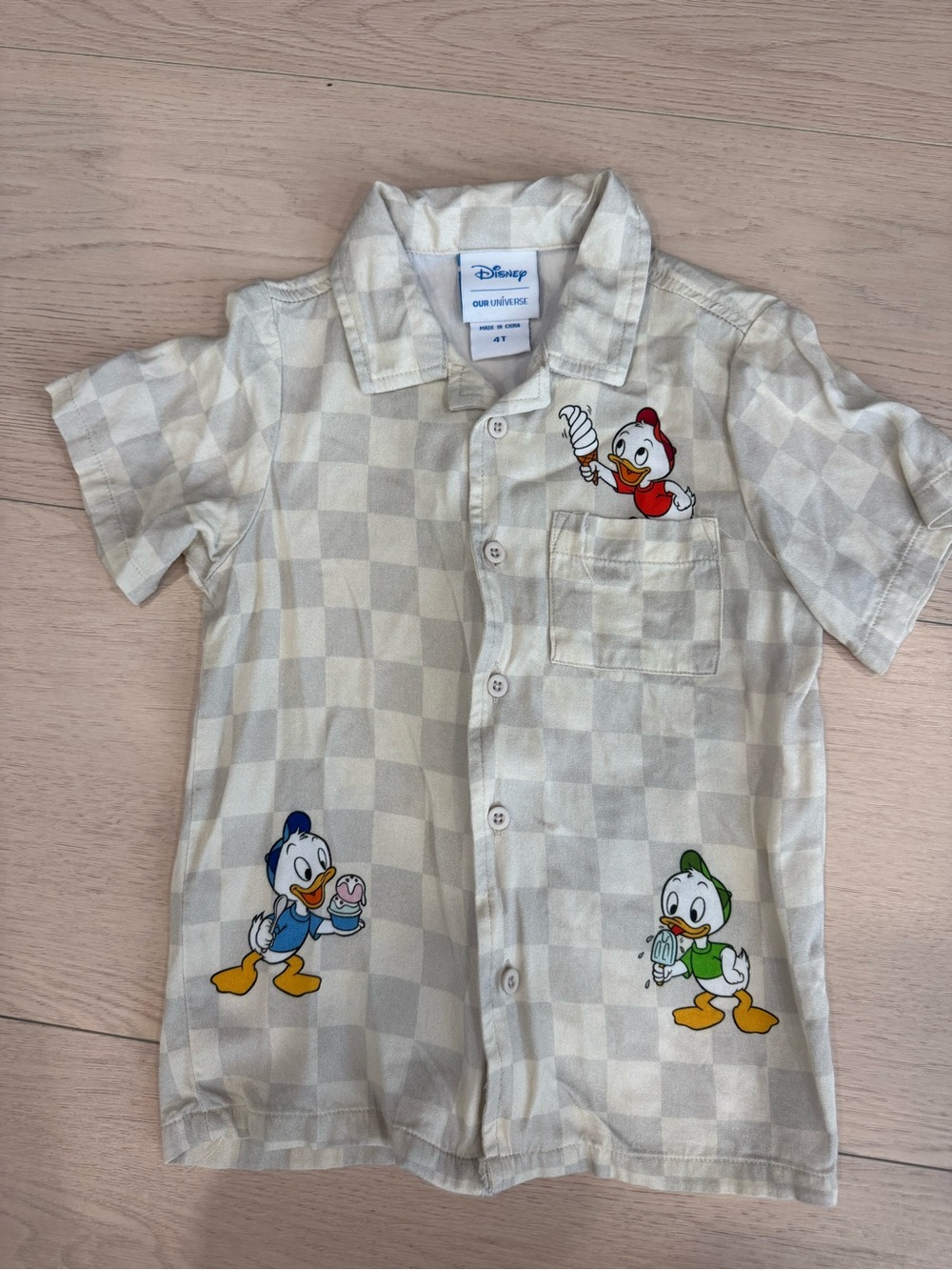Disney Kids' Cream Check Short-Sleeve Shirt with Huey, Dewey & Louie | 4T